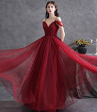Burgundy v neck tulle long prom dress evening dress HZ1023