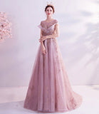 Pink tulle sequins long A line prom dress evening dress HZ1023