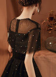 Black A line tulle long prom dress black evening dress HZ1023