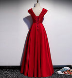 Burgundy v neck satin long prom dress evening dress HZ1023