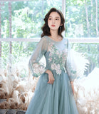 Blue tulle lace long prom gown evening gown HZ1023