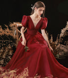 Burgundy v neck long prom dress A line evening gown HZ1023