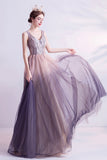 Purple gradient tulle long A line prom dress evening dress HZ1023