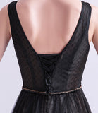Black v neck tulle beads prom dress evening dress HZ1023