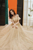 Gold tulle sequins long prom dress A line evening dress HZ1023