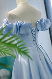 Blue satin long A line prom dress blue evening dress HZ1023