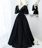 Black v neck satin long A line prom dress evening dress HZ1023