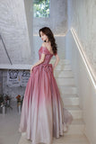 Pink gradient long A line prom dress pink evening dress HZ1023