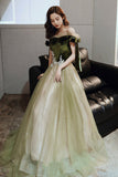 Green tulle long A line prom dress evening dress HZ1023