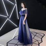 Blue tulle sequins long prom dress HZ1023