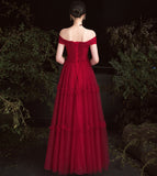 Burgundy tulle off shoulder prom dress evening dress HZ1023