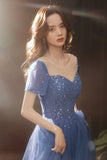 Cute tulle beads long A line prom dress evening dress HZ1023