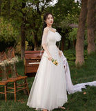 White tulle long A line prom dress bridesmaid dress HZ1023