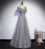 Shiny tulle beads long prom dress A line evening gown HZ1023