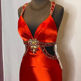 Red gorgeous shiny fashion exquisite beaded backless long elegant satin floor-length train prom dress evening dress HZ1023