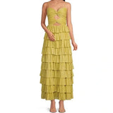 Yellow stylish elegant spaghetti straps long satin tiered ball gown formal evening dress party dress HZ1023