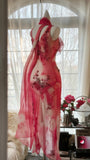 Pink Gorgeous Elegant Romantic Exquisite Beaded Blooming Long Chiffon Ball Gown Evening Dress Birthday/Wedding Guest Party Dress HZ1023