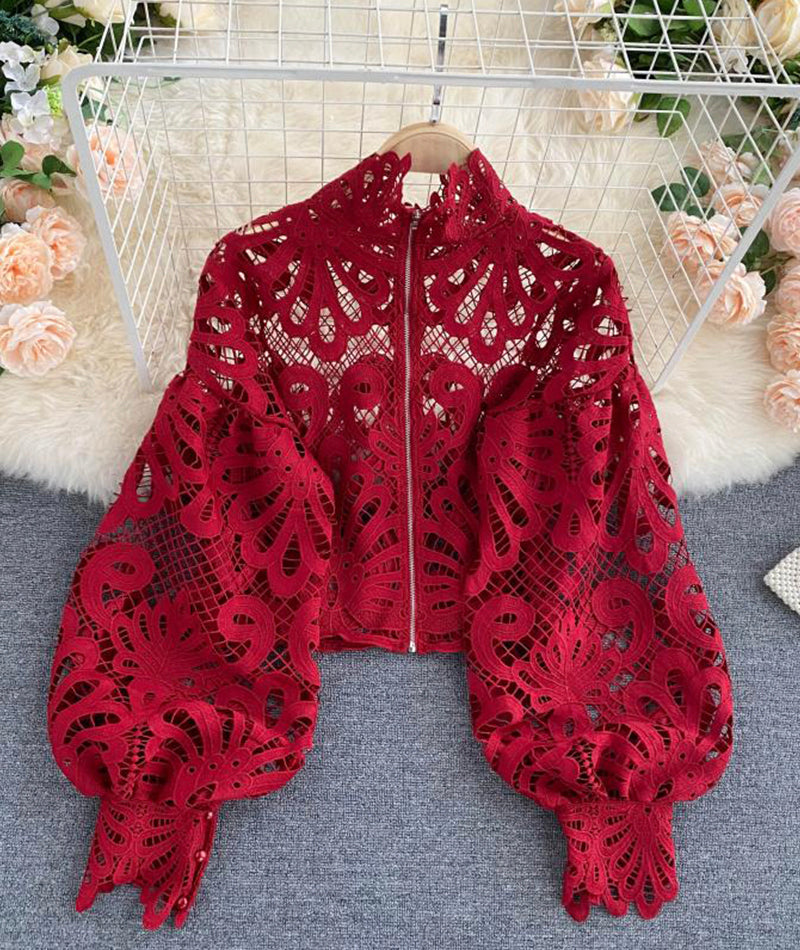 Stylish hollow lace top puff sleeve top HZ1023