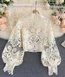 Stylish hollow lace top puff sleeve top HZ1023