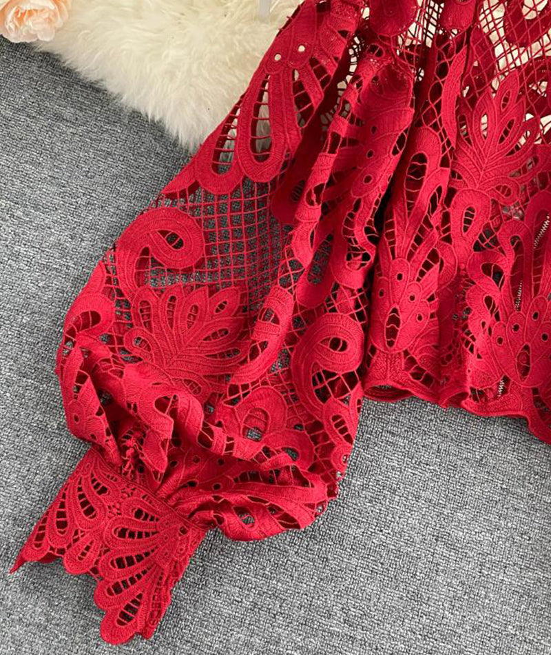 Stylish hollow lace top puff sleeve top HZ1023