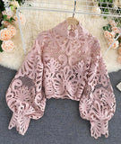 Stylish hollow lace top puff sleeve top HZ1023