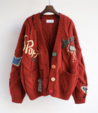 Burgundy/pink/white new retro fashion loose casual colorful button design cardigan sweater HZ1023