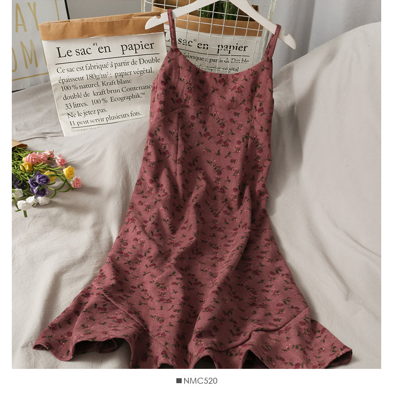Sweet printed corduroy high waist medium length beautiful back dress for women HZ1023