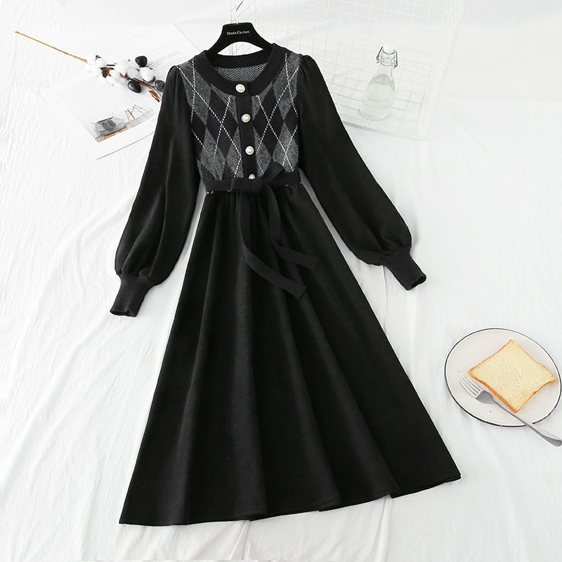 Corduroy stitched knitted dress with coat HZ1023