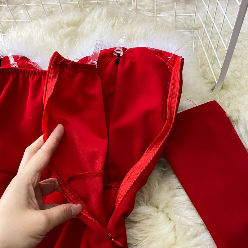 Red/black fashion heart-shaped collar sexy waist slimming off-shoulder Christmas birthday dress HZ1023
