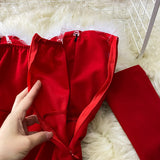 Red/black fashion heart-shaped collar sexy waist slimming off-shoulder Christmas birthday dress HZ1023