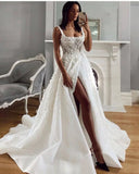 White fantasy square neck slit lace applique long tulle backless bridal gown wedding dress HZ1023