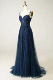 A Line Spaghetti Straps Navy Prom Dress with Appliques HZ1023